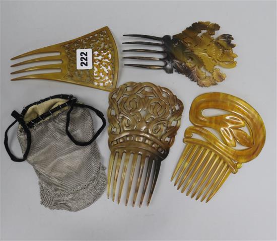 A silver and mesh purse and tortoiseshell combs